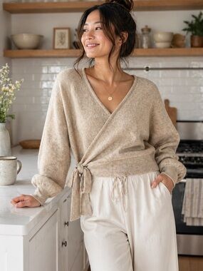 Kuwalla Wrap Sweater Beige Knit Large Cropped Cozy Minimalist Oversized Fit